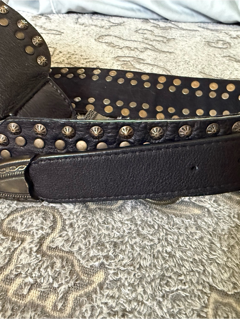 Free People Black Leather Studded Western Belt with Antiqued Gold Buckle - Picture 5 of 7
